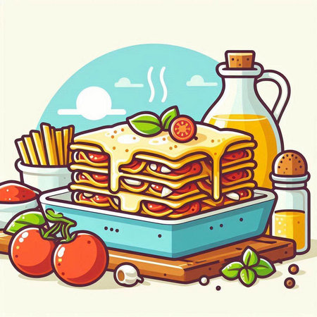 Illustration of lasagna with tomato sauce, olive oil and basilのイラスト素材