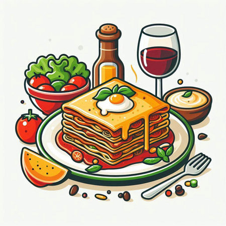 Illustration of a stack of lasagna on a plate with a glass of red wineのイラスト素材