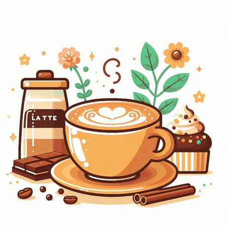 Coffee cup with coffee beans, cinnamon and cake. Vector illustration.のイラスト素材