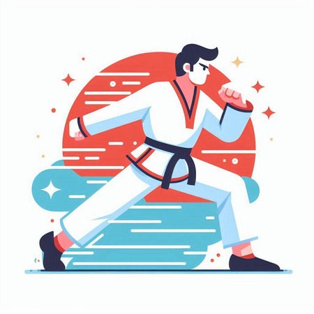 Taekwondo vector illustration. Cartoon karate man in white kimono practicing martial arts.のイラスト素材