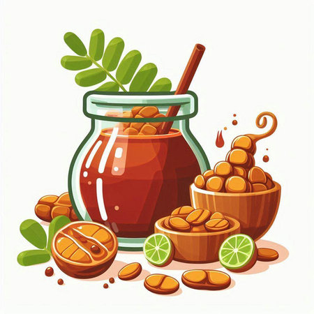 Honey jar with spoon and bowl full of beans. Vector illustration.のイラスト素材