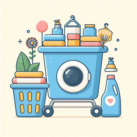Laundry basket with cleaning products. Flat style vector illustration.のイラスト素材