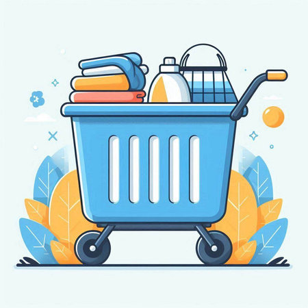 Shopping cart with cleaning products. Vector illustration in flat style.のイラスト素材