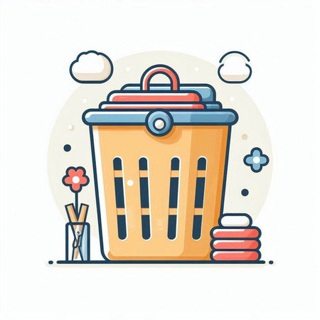 Laundry service concept. Laundry basket, washing machine, washing powder, detergents, shampoo, bleach, towel, washer, brush, sponge, brush, sponge. Vector illustration.のイラスト素材