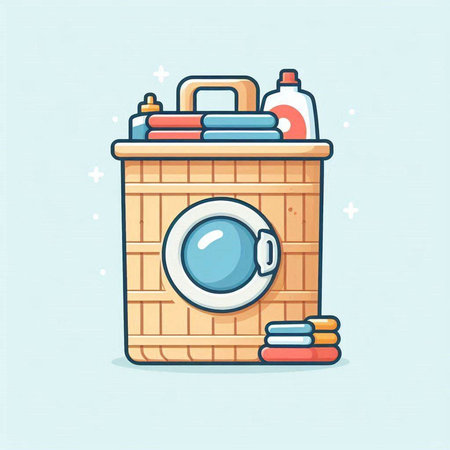 Laundry basket with washing machine and cleaning products. Vector illustration.のイラスト素材