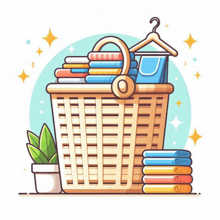 Shopping basket with clothes and accessories. Vector illustration in cartoon style.のイラスト素材