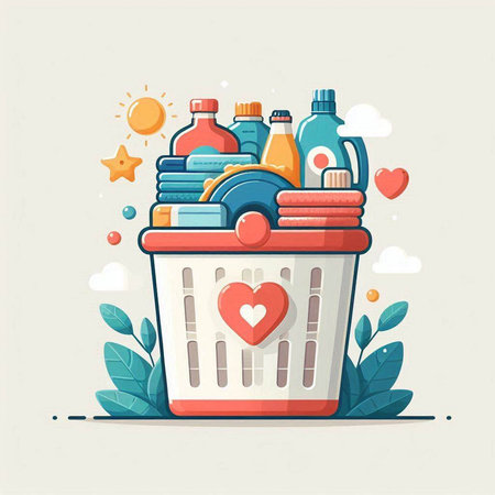 Laundry basket with cleaning products. Vector illustration in flat styleのイラスト素材