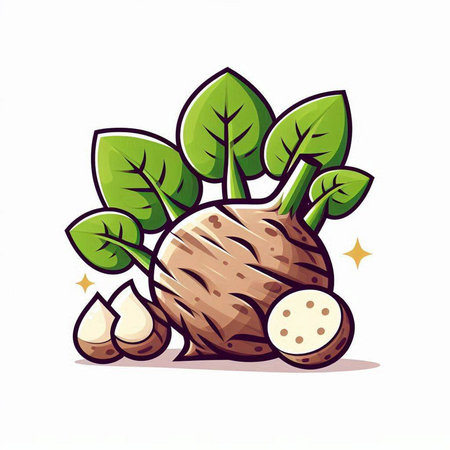 Taro with leaves and drops. Vector illustration isolated on white background.のイラスト素材