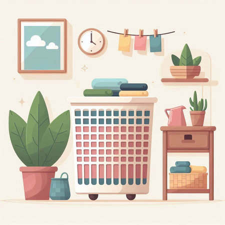 Laundry room interior with clothes dryer and shelves. Flat vector illustration.のイラスト素材
