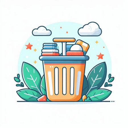 Trash can with cleaning supplies. Vector illustration in cartoon style.のイラスト素材