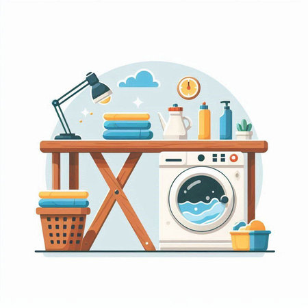 Laundry room interior. Washing machine, basket with towels, detergents. Flat vector illustration.のイラスト素材