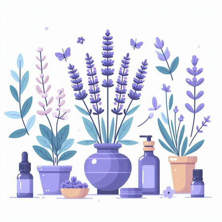 Lavender flowers in vase and essential oil in glass bottles. Vector illustration.のイラスト素材