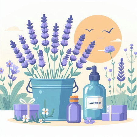 Lavender flowers in a pot and a bottle of essential oil. Vector illustration.のイラスト素材