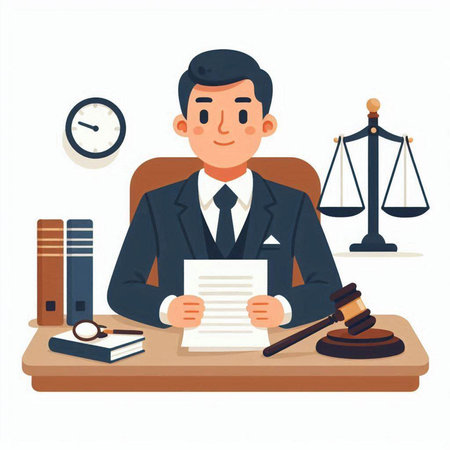 Lawyer sitting at the table with documents and gavel. Vector illustration.のイラスト素材