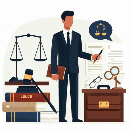 Lawyer with scales of justice, books and gavel. Flat vector illustration.のイラスト素材