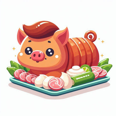 Vector illustration of a cute pig with vegetables and meat on a plateのイラスト素材