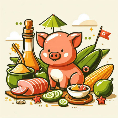 Cute cartoon pig with different food on the beach. Vector illustration.のイラスト素材