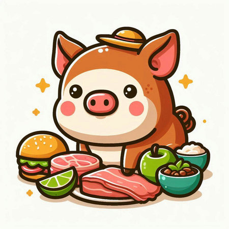 Cute cartoon pig eating healthy food. Vector illustration for your designのイラスト素材