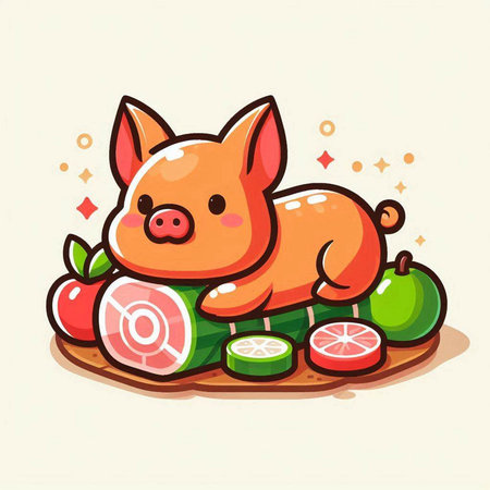 Illustration of Cute Pig with Slices of Lemon and Limeのイラスト素材