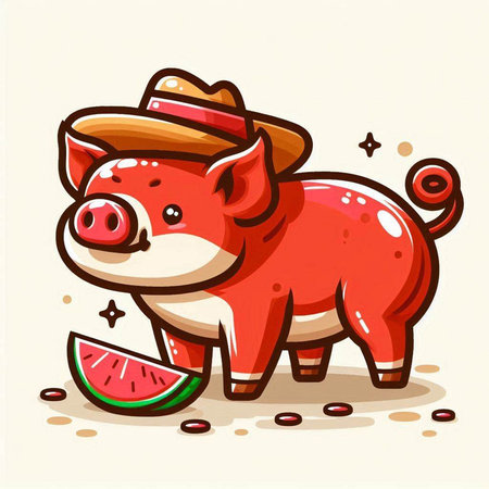 Cute pig in cowboy hat with watermelon. Vector illustration.のイラスト素材