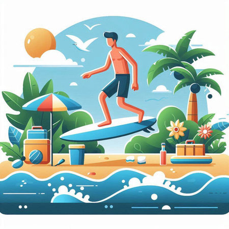 Surfer on the beach. Vector illustration in flat cartoon style.のイラスト素材