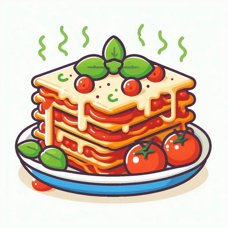 Illustration of a stack of lasagna with basil and cherry tomatoesのイラスト素材