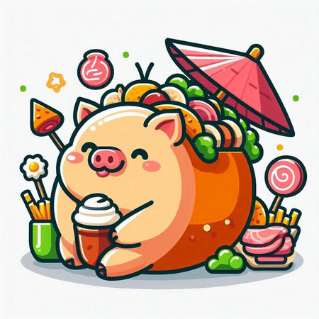 Illustration of a Cute Pig Eating Sushi in a Potのイラスト素材