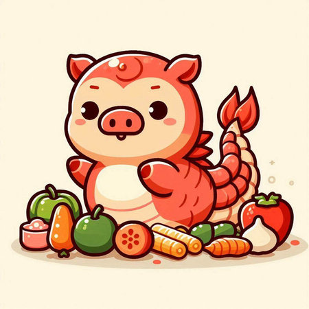 Cute cartoon red dragon with fruits and vegetables. Vector illustration.のイラスト素材