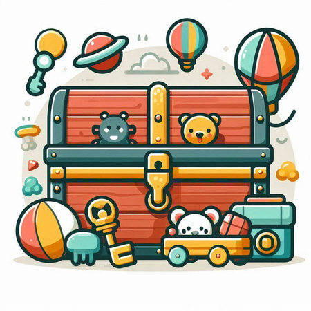 Cartoon vector illustration of a treasure chest with different toys and items.のイラスト素材