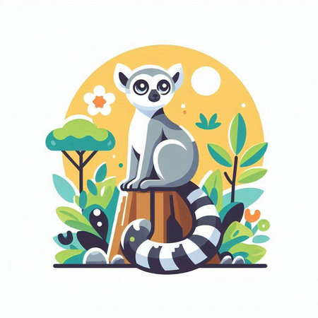 Cute lemur sitting on the tree. Vector flat illustration.のイラスト素材