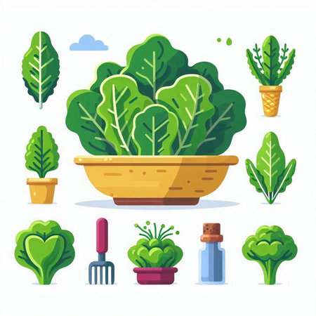 Set of vegetables in pots. Vector illustration in a flat style.のイラスト素材