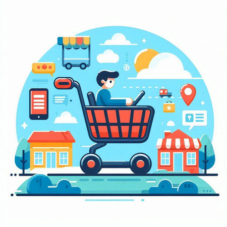 Cargo truck with shopping bags in the city. Vector illustration.のイラスト素材