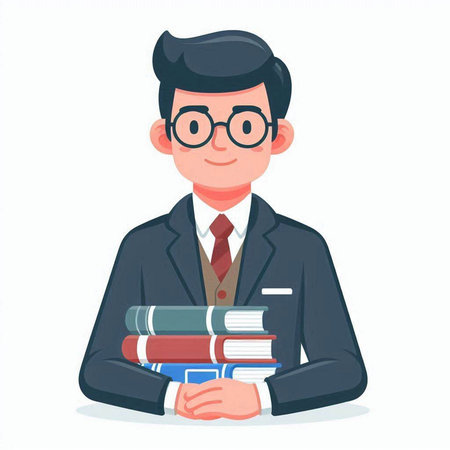 Young female scientist in lab coat and glasses standing in front of a desk with a book in her hands.のイラスト素材
