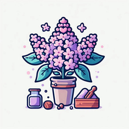 Purple lilac flowers in a pot with mortar and pestle. Vector illustration.のイラスト素材
