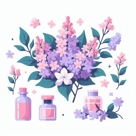 Lilac flowers with leaves. Vector illustration in flat style.のイラスト素材