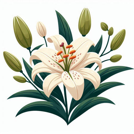 White lily with green leaves isolated on white background. Vector illustration.のイラスト素材