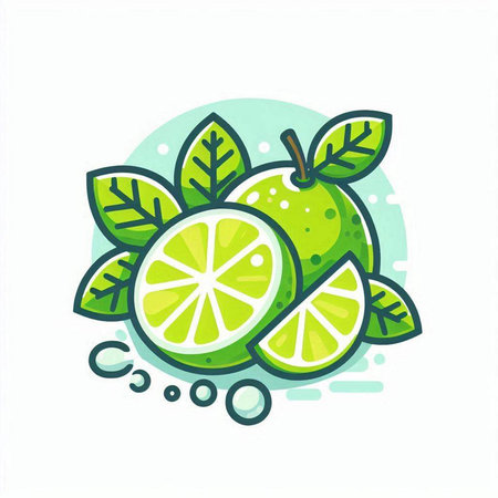 Lime fruit with green leaves and splashes. Vector illustration.のイラスト素材