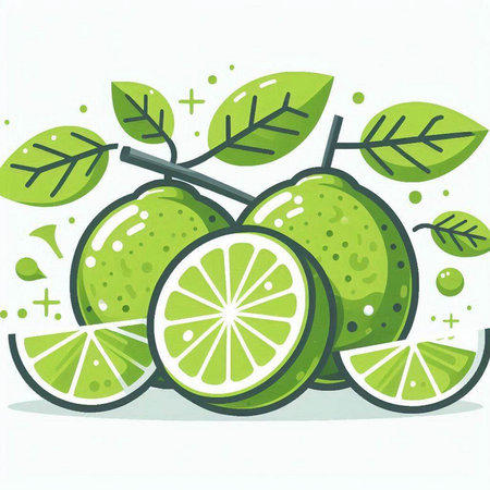 Lime fruit with green leaves on white background. Vector illustration.のイラスト素材
