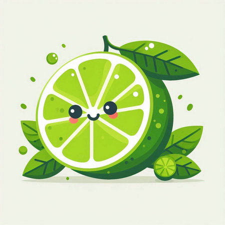 Cute cartoon lime fruit character with green leaves. Vector illustration.のイラスト素材