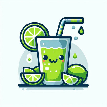 Cute cartoon lime juice in a glass with a straw. Vector illustration.のイラスト素材
