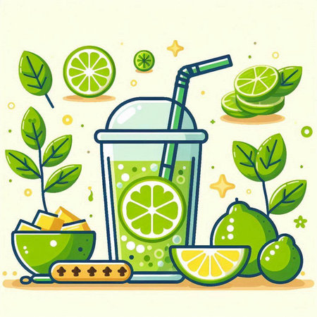 Lime smoothie with lemon slices and mint leaves. Vector illustration.のイラスト素材
