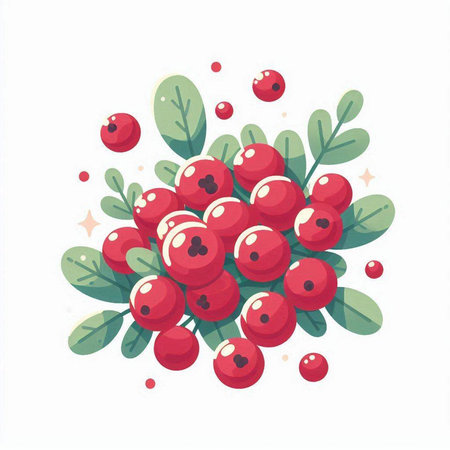 Vector illustration of a bunch of red berries with green leaves on a white background.のイラスト素材
