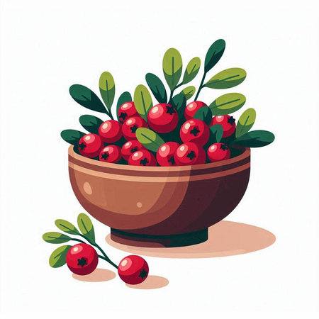 Cranberry in a clay bowl with green leaves. Vector illustration.のイラスト素材