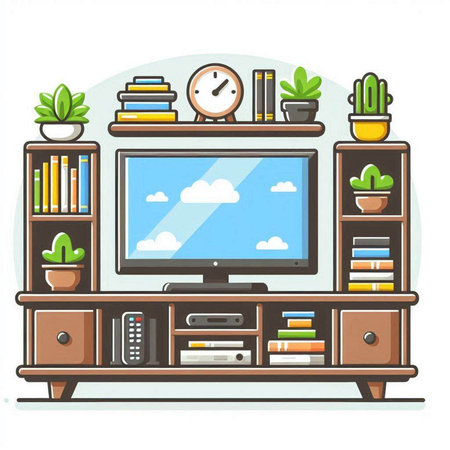 Illustration of the interior of a modern living room with a TV, bookshelf, plants and a clockのイラスト素材