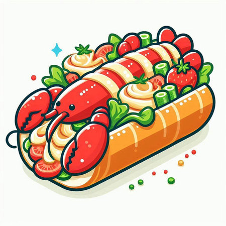 Illustration of a lobster sandwich with mayonnaise, tomatoes and lettuceのイラスト素材