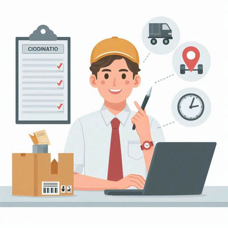 Delivery man at the workplace. Online shopping concept. Flat style vector illustration.のイラスト素材