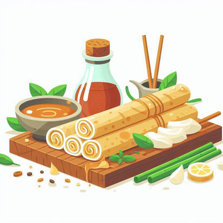 Crispy spring rolls with vegetables and spices. Vector illustration.のイラスト素材