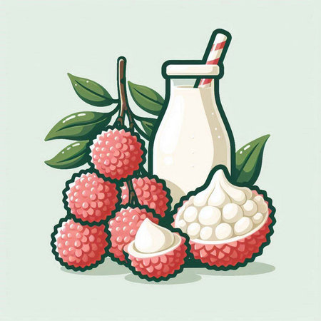 Lychee smoothie in a bottle with a straw. Vector illustration.のイラスト素材