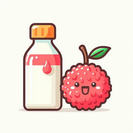 Lychee fruit character with a bottle of juice. Vector illustrationのイラスト素材