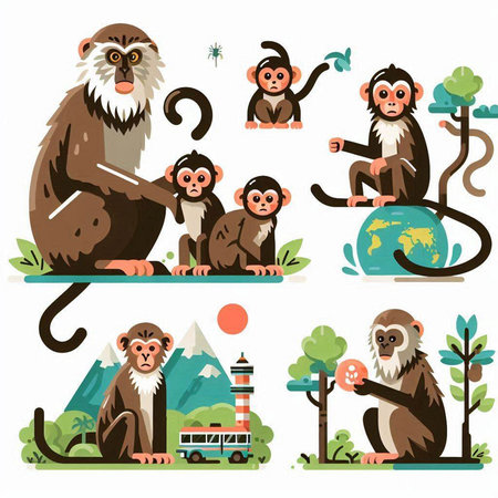 Monkey cartoon set. Vector illustration of cute animals. Funny monkey.のイラスト素材